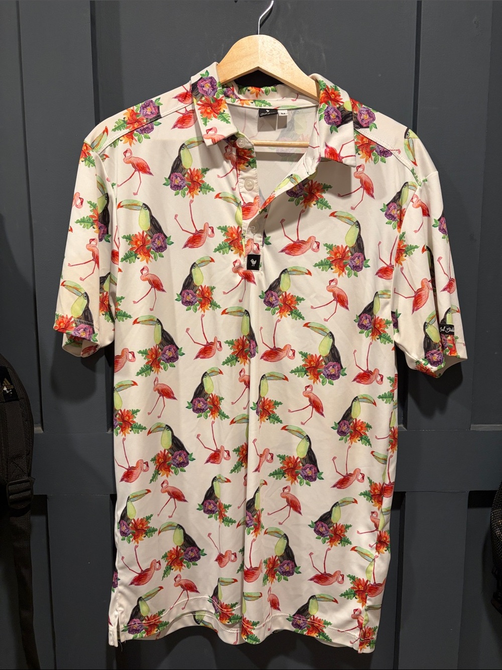 Bad Birdie White Polo with Tropical Toucan & Flamingo Print